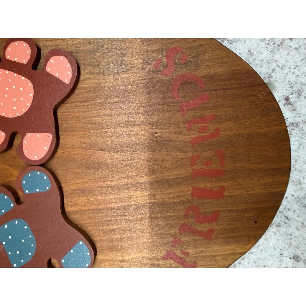 Vintage Handmade Wooden Welcome Friends Sign Teddy Bear Rustic Country Wall Deco